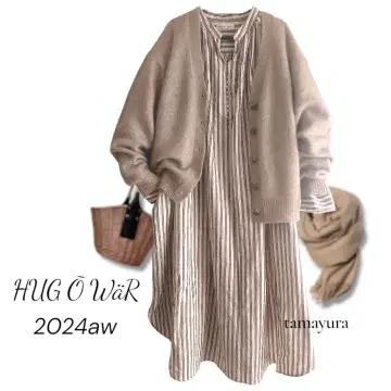 24AW 새상품급 허그아워/브러쉬드 스트라이프 개더 오버 원피스
