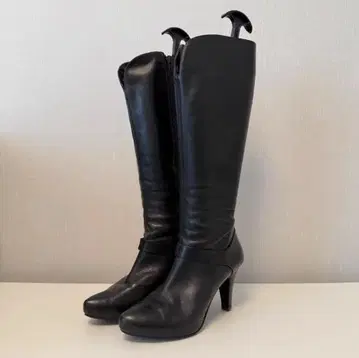 블랙 가죽 하이힐 롱 부츠