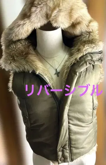 리버서블 헤이세이 X-girl 후드 부착 다운 베스트 올리브 그린