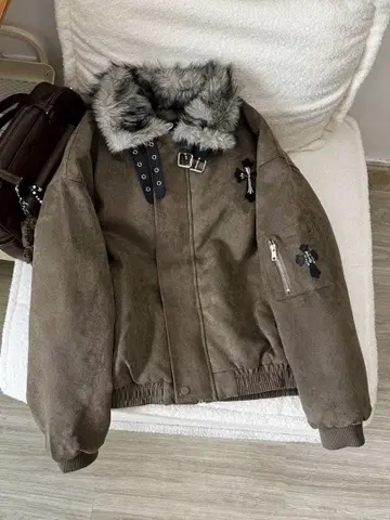 브라운 퍼(fur) 포함 스웨이드풍 자켓 y2k 그런지