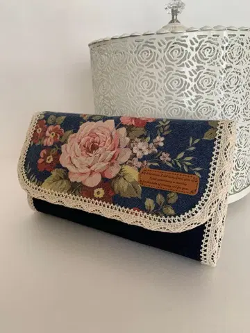 핸드메이드 더블 지퍼 장지갑 빈티지 블루 로즈 패턴