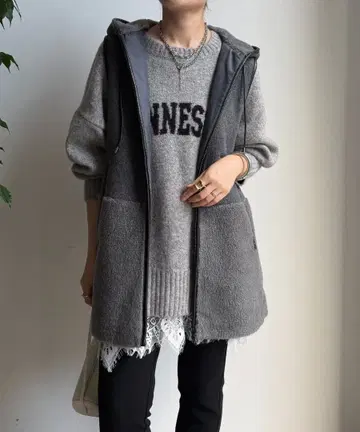 DOUDOU 보아 절개 후디 베스트 차콜 그레이