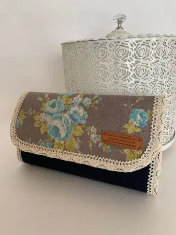 핸드메이드 더블 지퍼 장지갑 빈티지 그레이의 블루 로즈 패턴