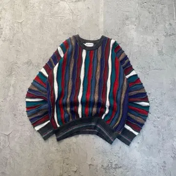 90년대 불가리아제 유로 구제 의류 3D 니트 올 패턴 멀티 컬러 디자인