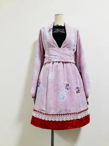 기모노 리메이크 원피스&스커트 핑크색 프리 사이즈 핸드메이드