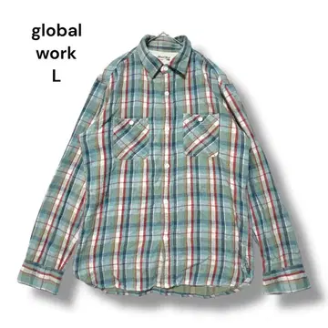 글로벌 워크 플란넬 셔츠 L 블라우스 체크 무늬 긴팔 파랑 그린