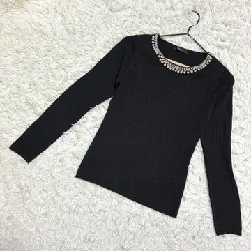 IMAGE 고품질 리브 니트 비쥬 넥 펄 깔끔한 블랙 ( M )