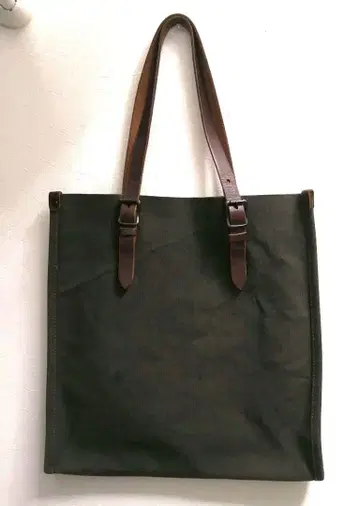 배기포트 캔버스 토트백 카키 가죽 핸들