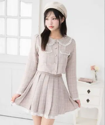 둥근 카라 레이스 세일러 셋업 라떼 체크 유메텐보 M