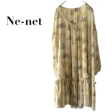 네넷 애니멀 무늬 긴팔 원피스 베이지 프리 쉬폰 개더