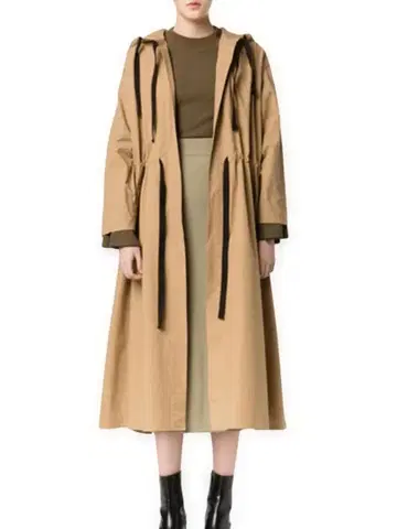 클라네 오버 롱 모즈 코트 버튼리스 리본 후디