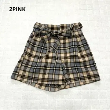 [ 투핑크 ] 숏팬츠 하프 팬츠 리본 체크 무늬 심플 M