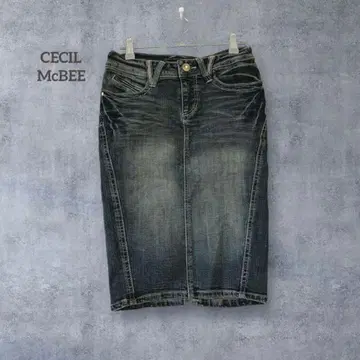 [세실 맥비] 데님 스커트 골드 백 패치 각인 로고 버튼 타이트