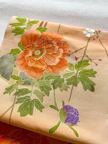 앤티크 모란과 벚꽃 자수 오비 부착 오비