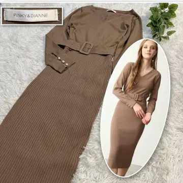 PINKY&DIANNE 소매 펄 단추 RIB 콤비 니트 원피스