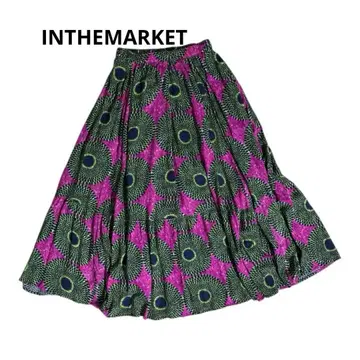 [택 포함] 인더마켓 플레어 롱 스커트 아프리칸 올 패턴 레이온 린넨