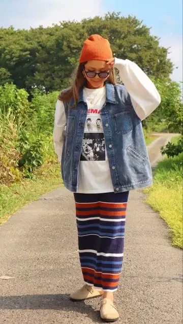 시마무라 nozomi 내로우 스커트 멀티 보더 내로우 스커트 네이비 L