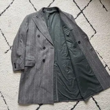 vintage 더블 체스터 코트 헤링본 맥시 길이 트위드 XXL