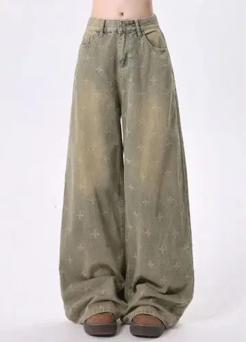 (Rayohopp) 십자가 로고 데님 와이드 팬츠