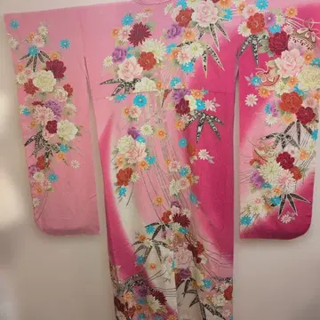 [ 새상품급 ] 핑크 귀여운 꽃무늬 후리소데 기모노