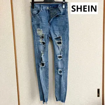 SHEIN 데미지 가공 라이트 블루 스키니 데님