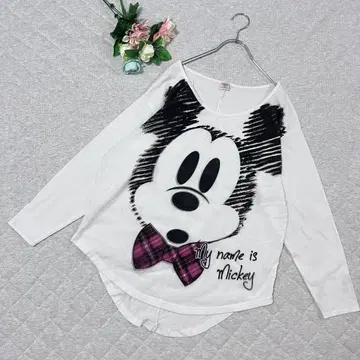 디즈니 [ L ] 긴팔 T셔츠 미키마우스 비대칭 라운드넥