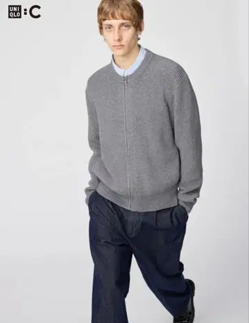 [택 포함 새상품] UNIQLO C 크루넥 풀 집업 가디건 그레이