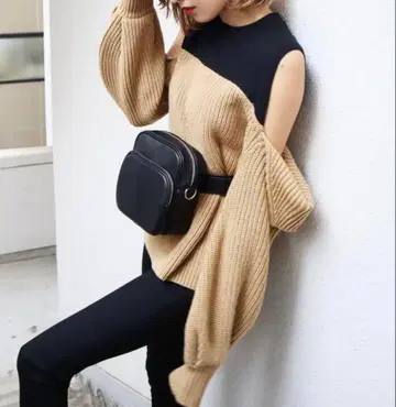 EMODA 오프숄더 긴팔 니트 옐로우 컬러 x 블랙 머스타드