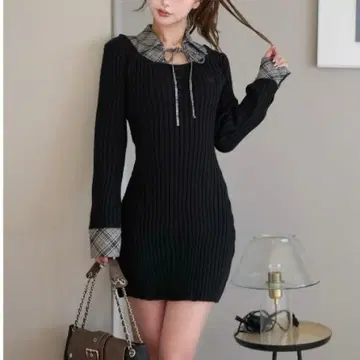 새상품급 Darich 다리치 레이어드라이크 니트 미니 원피스 블랙