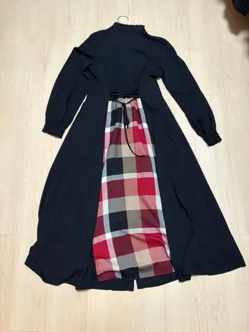 네이비 긴팔 셔츠 원피스 체크 무늬