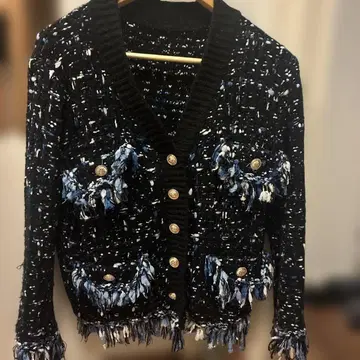 프린지 장식 한국 스타일 노카라 가디건