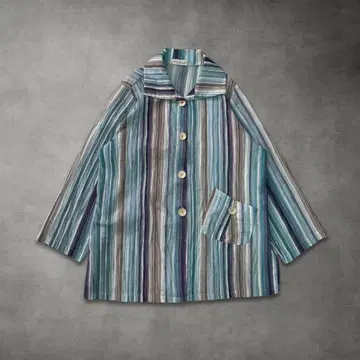 Y2K 스트라이프 오버 사이즈 셔츠 칠부 소매 (블루 FREE)