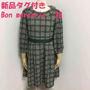 택 포함 새상품 본머스리 원피스 38 M 그린 계열 체크 무늬