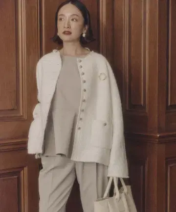 퓨어세신 슬라브 트위드 노카라 자켓