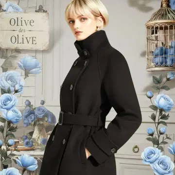 올리브 데 올리브 미들 기장 울 코트 블랙 벨트 포함