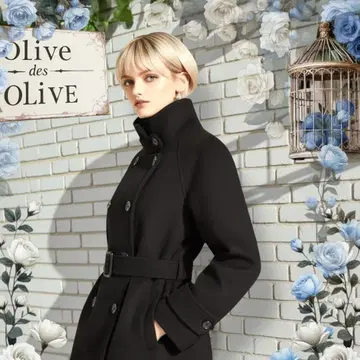 올리브 데 올리브 미들 기장 울 코트 블랙 벨트 포함