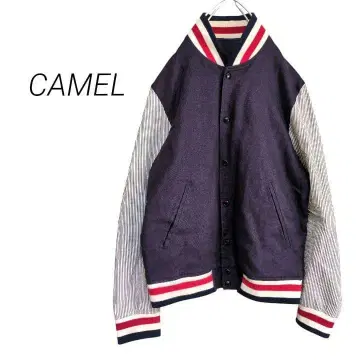[카멜] 이소재 절개 바시티 자켓 린넨 스트라이프 도킹 네이비 46
