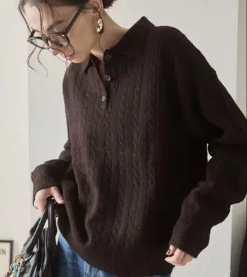 ANGIE 케이블 폴로 옷깃 니트 풀오버