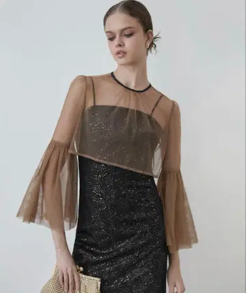 LEJA 시어 튤 벨 슬리브 페인트 I 라인 원피스 드레스