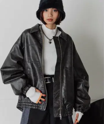 PAGEBOY 샌드 빈티지 가죽 블루종 블랙