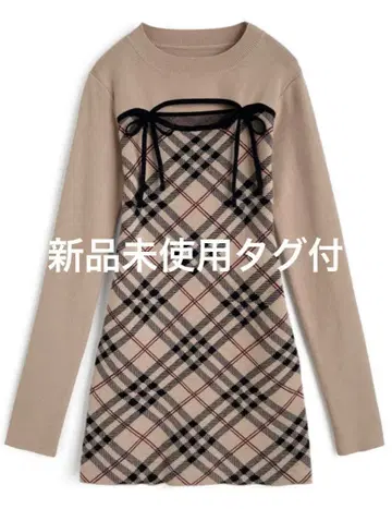 GRL 체크 무늬 프론트 오픈 리본 니트 미니 원피스