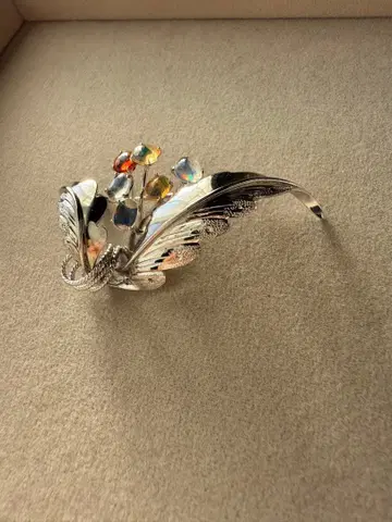 엘레강트 실버 브로치 깃털 디자인 오팔 vintage