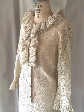 US 60s 빈티지 아이보리 전체 레이스 프릴 칼라 원피스 긴팔