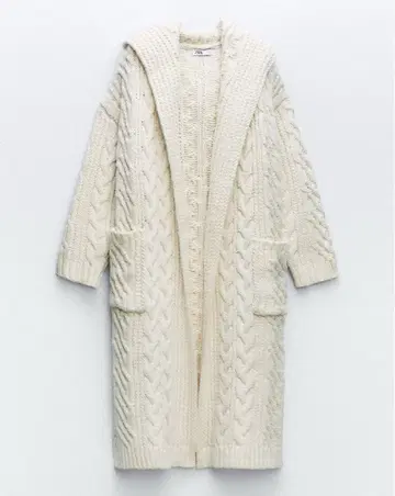 ZARA 케이블 니트 롱 코트 에크루 화이트 L