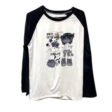 y2k 헤이세이 갸루 블랙 인물 패턴 긴팔 T셔츠 패치워크 티셔츠 00s