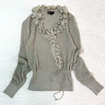 앙 로브 프릴 니트 상의 9호 M 라메 믹스 실버 반짝반짝 새상품급