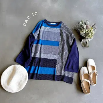 팰리시*패치워크풍 디자인 코튼 니트 긴팔 풀오버 네이비