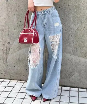 Forever21 데미지 레이스 데님 팬츠 블루 레이스 데님 발레코어