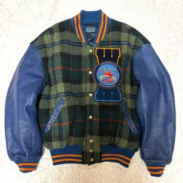 레어 원더풀 월드 카네코 이사오 타탄 체크 x 천연 가죽 바시티 자켓