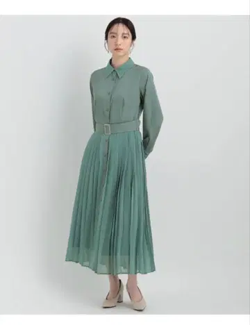 Andemiu ~이소재 플리츠 셔츠 원피스 그린~
